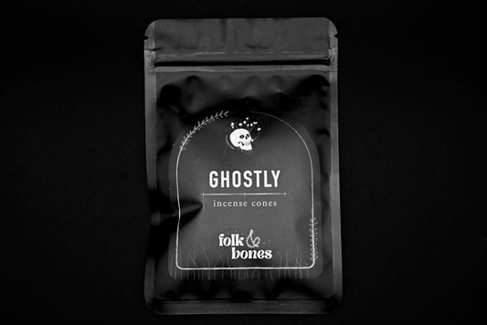 Folk and Bones Ghostly incense cones in a box, with dark, spooky packaging for candle and incense enthusiasts.