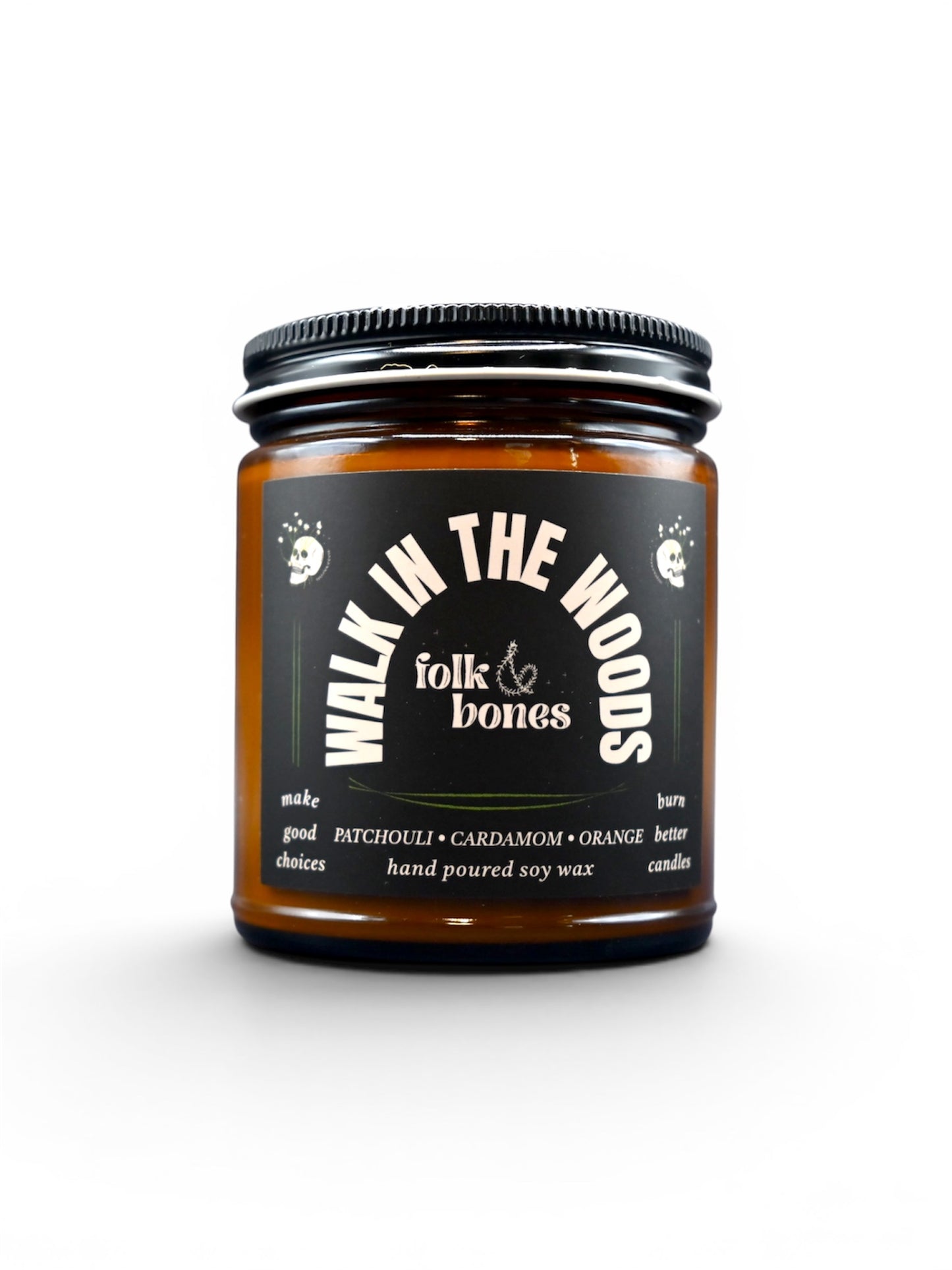 Folk and Bones Walk in the Woods 8 oz soy candle with a natural forest-inspired label and wooden wick, ready for cozy ambiance.