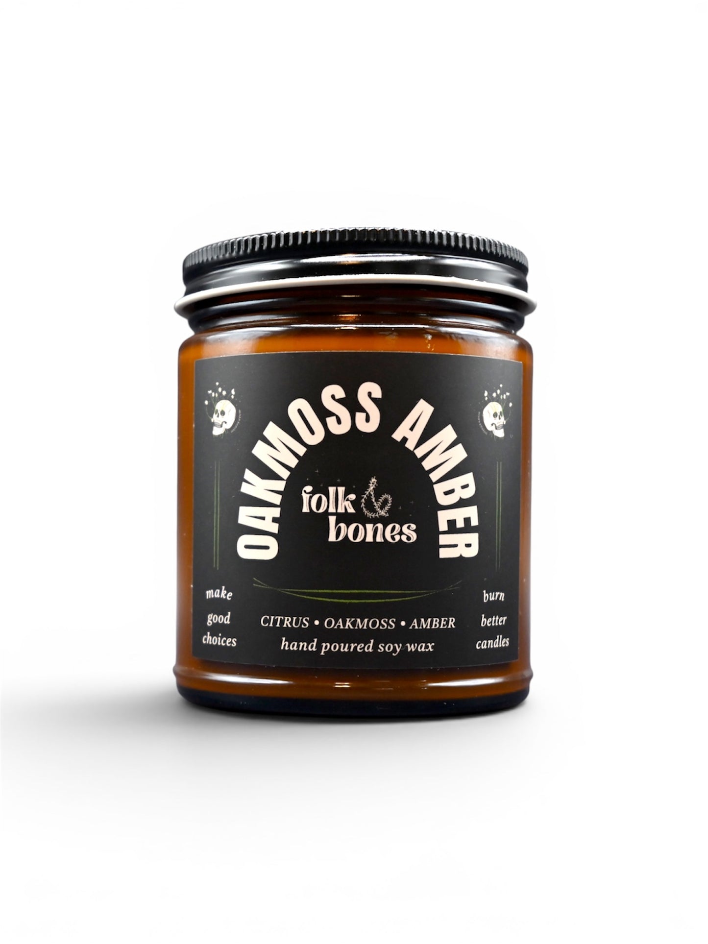 Folk and Bones Oakmoss Amber soy candle in 8 oz glass jar, featuring a warm, earthy scent with amber and moss notes.