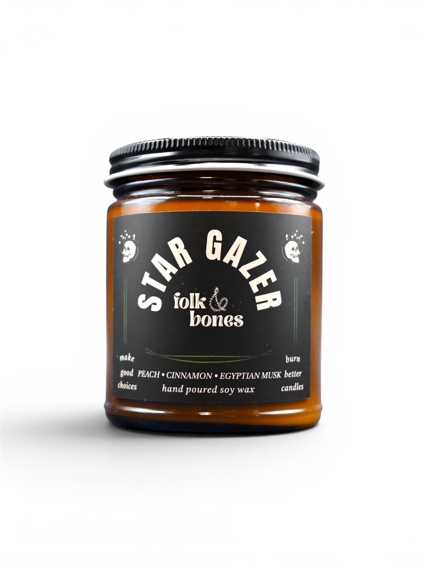 Folk and Bones Stargazer 8 oz soy candle with a white ceramic jar and minimalist design, perfect for ambient lighting.