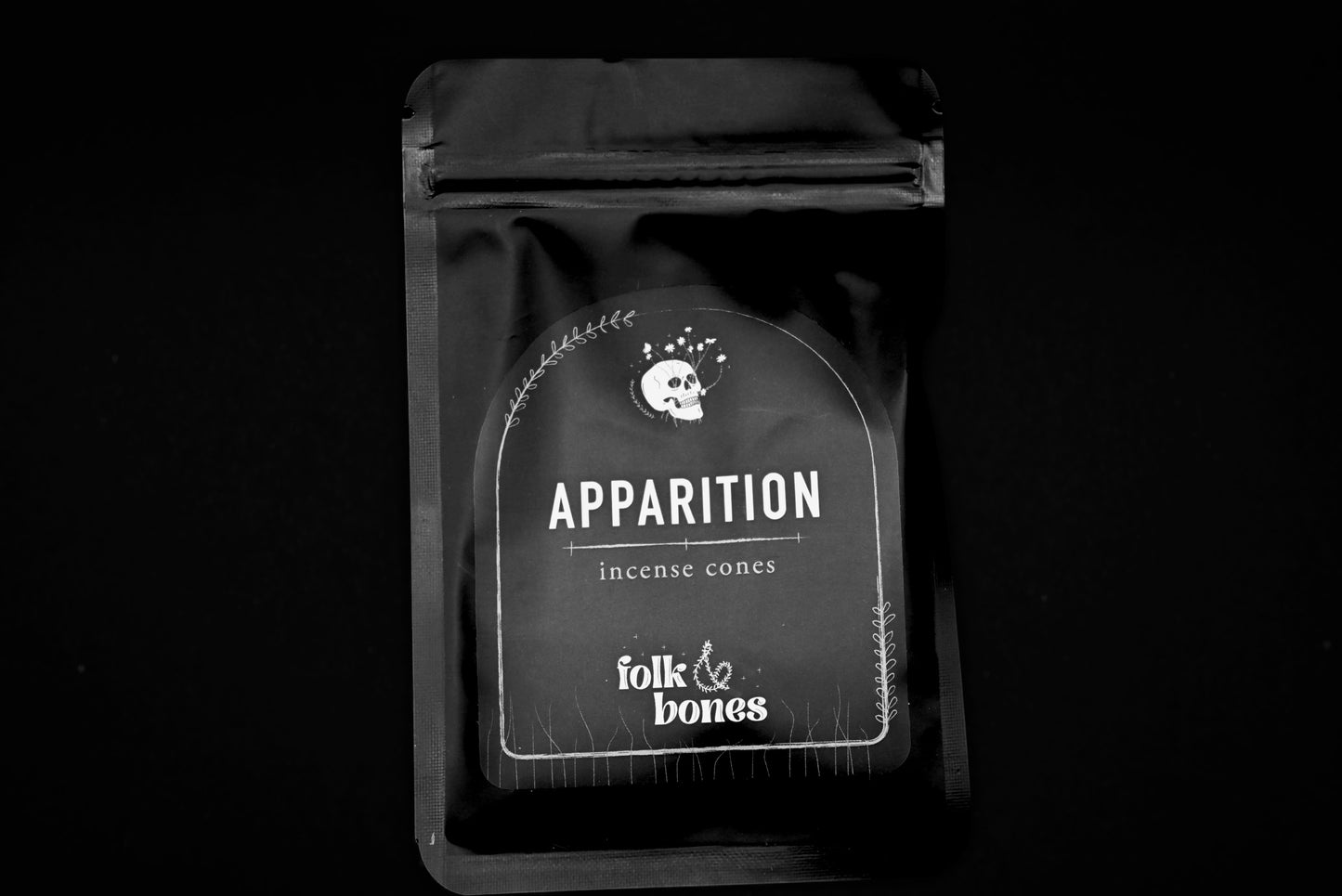 Folk and Bones Apparition incense cones, small package of scented incense for spiritual or meditative use, displayed on a surface