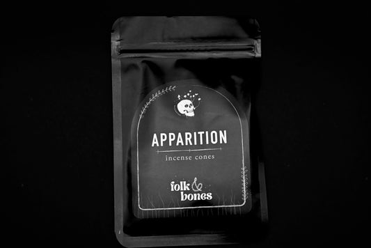 Folk and Bones Apparition incense cones, small package of scented incense for spiritual or meditative use, displayed on a surface