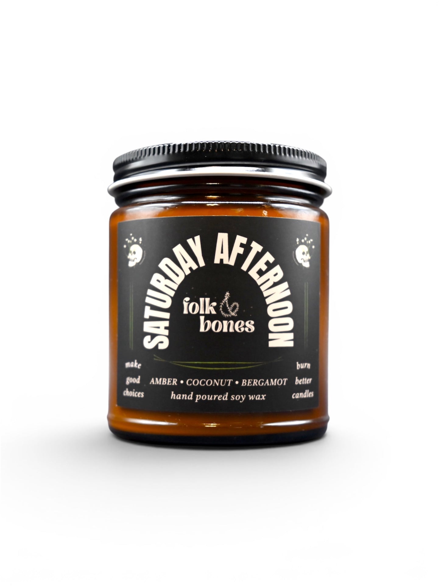 Folk and Bones Saturday Afternoon 8 oz soy candle with a simple, elegant white wax exterior and a wooden wick.