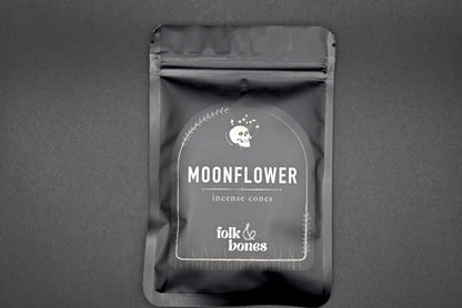 Folk and Bones Moonflower incense cones in a box, with a close-up of the packaging and cones ready for use.