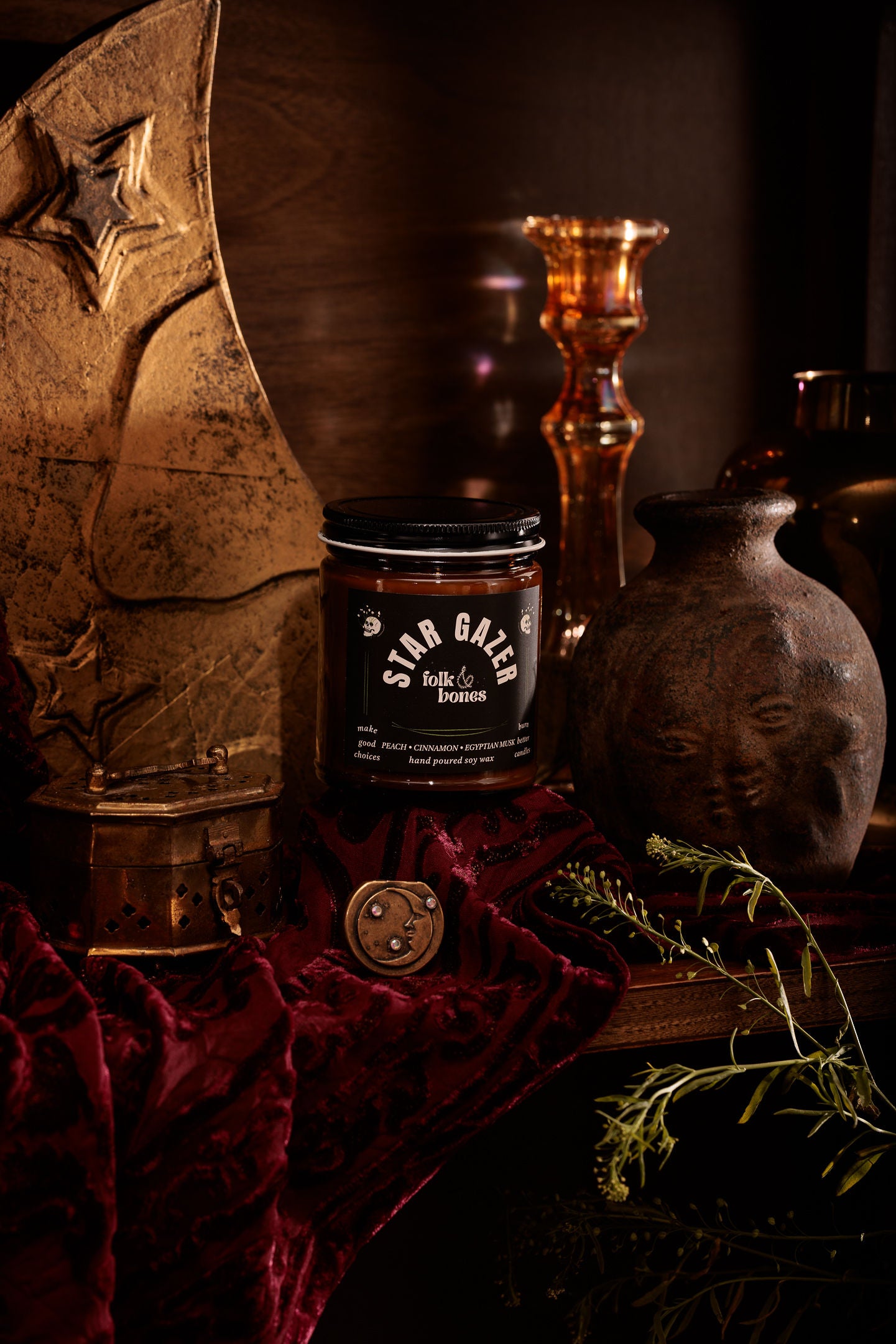 Folk and Bones Stargazer 8 oz soy candle in a glass jar with a natural wax finish, suitable for home decor and ambient lighting.
