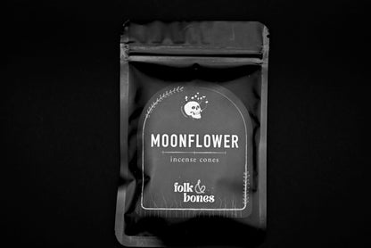 Folk and Bones Moonflower incense cones in a box, aromatic candles for relaxing and spiritual ambiance.