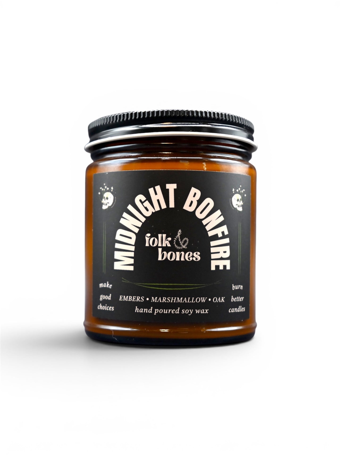 Folk and Bones Midnight Bonfire 8 oz soy candle with dark wax and rustic label, perfect for cozy ambiance.