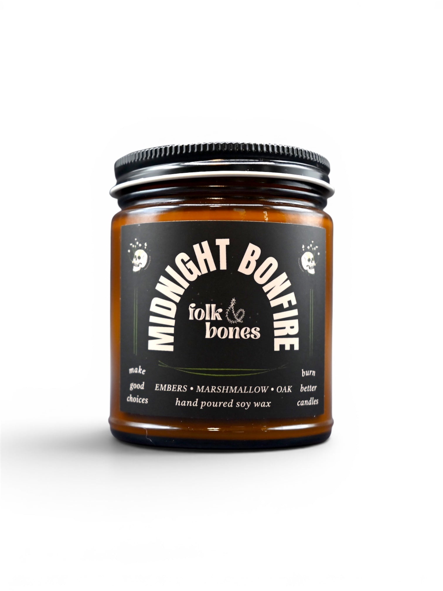 Folk and Bones Midnight Bonfire 8 oz soy candle with dark wax and rustic label, perfect for cozy ambiance.