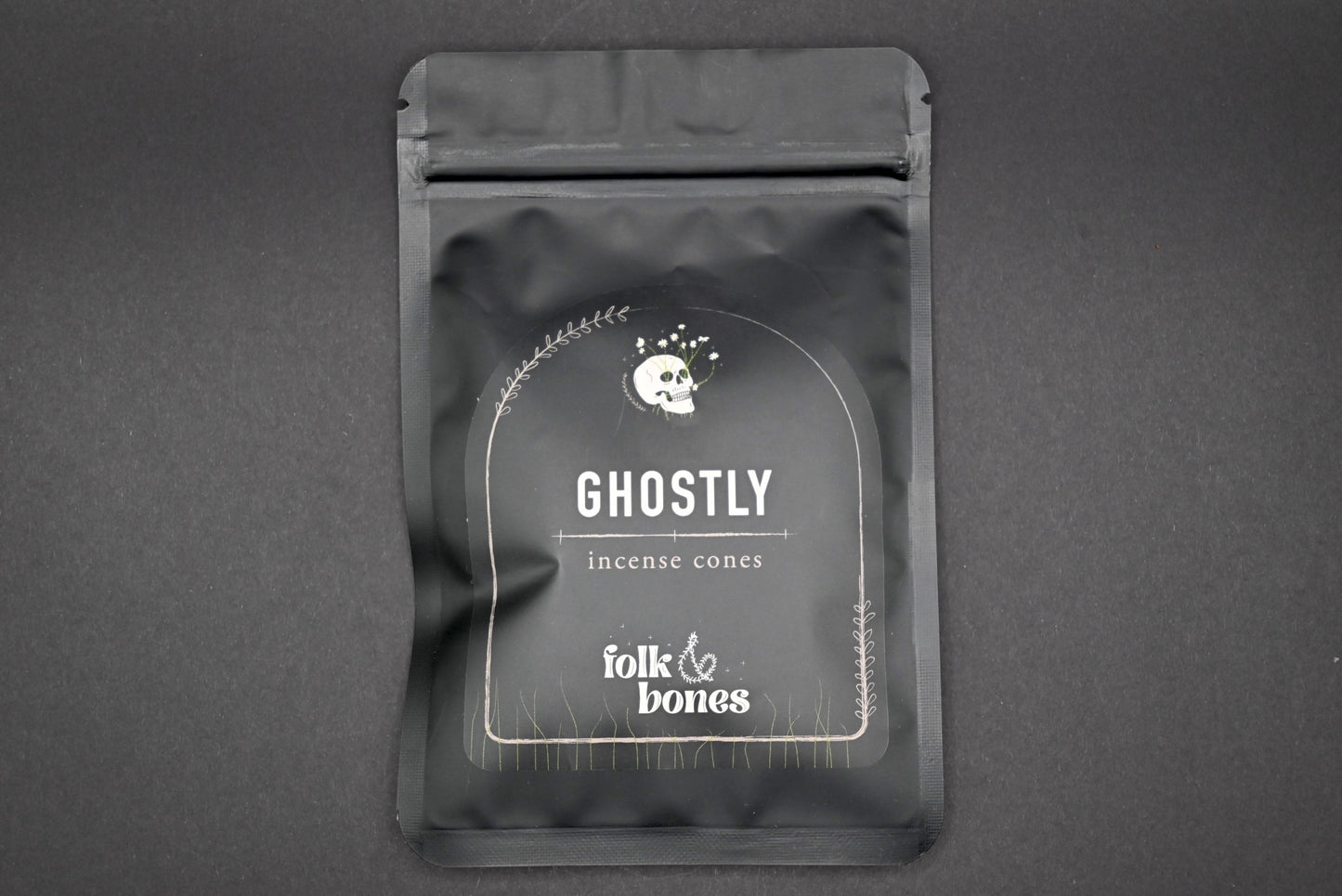 Folk and Bones Ghostly incense cones in a box, featuring dark, spooky packaging with ghostly imagery and incense cone illustrations.