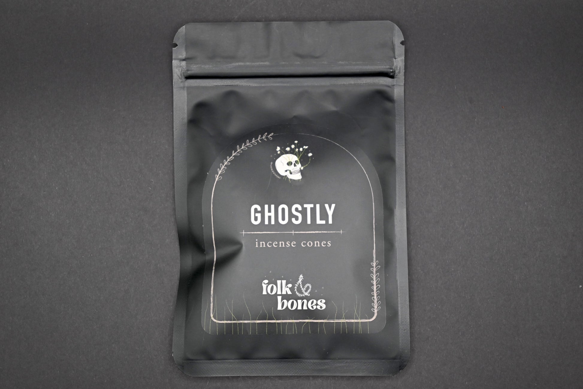 Folk and Bones Ghostly incense cones in a box, featuring dark, spooky packaging with ghostly imagery and incense cone illustrations.