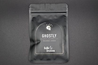 Folk and Bones Ghostly incense cones in a box, featuring dark, spooky packaging with ghostly imagery and incense cone illustrations.