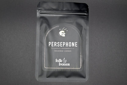Folk and Bones Persephone incense cones in a box, scented candles for aromatic home fragrance, with a dark decorative design.