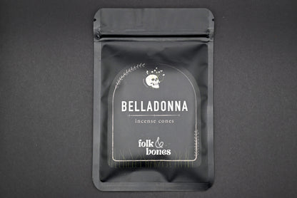 Folk and Bones Belladonna incense cones in a box, aromatic natural candles for spiritual and relaxation use.