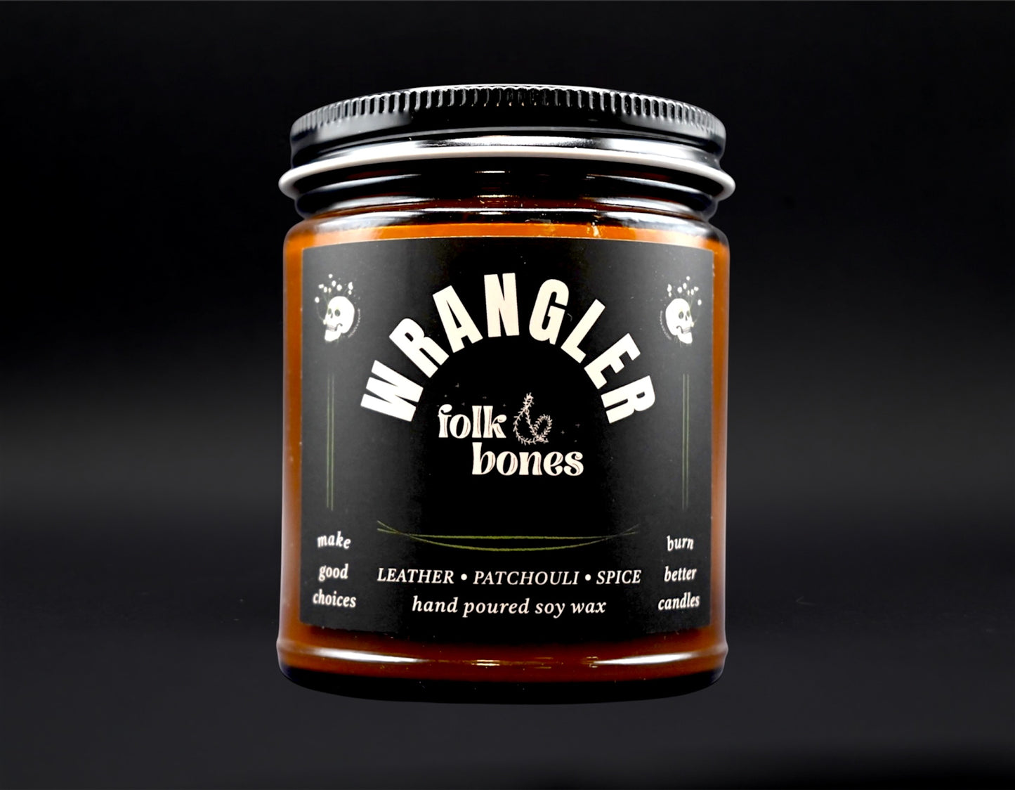 Wrangler 8 oz soy candle by Folk and Bones, showcasing a white jar with a wooden wick and minimalist label design.