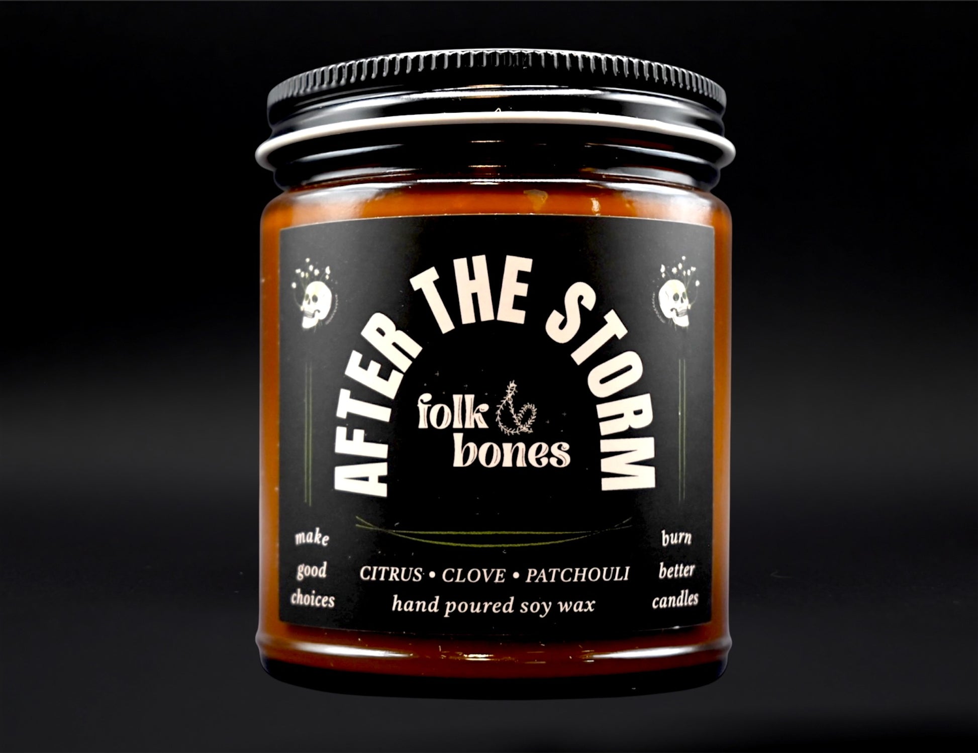 Folk and Bones After the Storm 8 oz soy candle with a rustic jar and natural wax, perfect for cozy home ambiance.