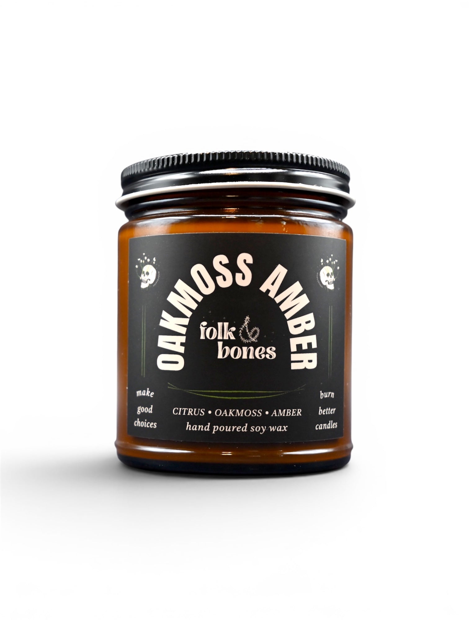 Folk and Bones Oakmoss Amber soy candle in 8 oz glass jar, featuring a warm, earthy scent with amber and moss notes.